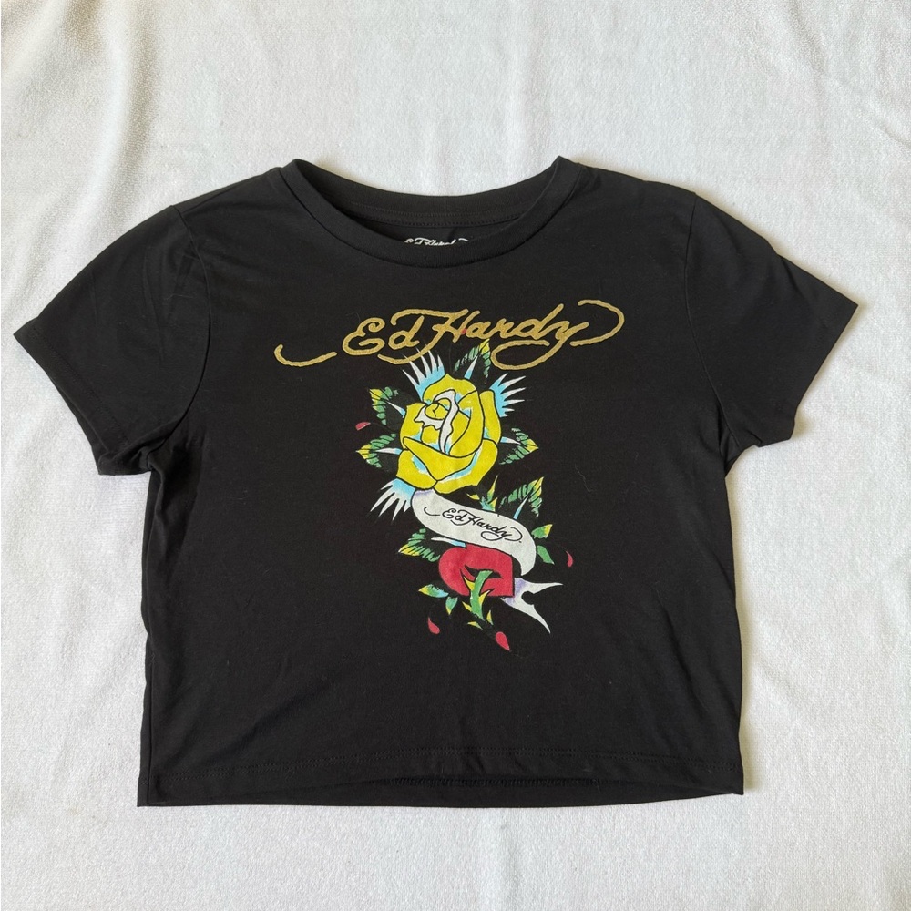Ed Hardy Black Tee with Yellow and Red Rose Design
